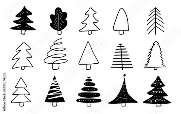 Obraz Hand-drawn Christmas tree set. Doodle cartoon illustration. Christmas and New year concept. Abstract poster with holiday icons collection. Vector collection isolated on white background.