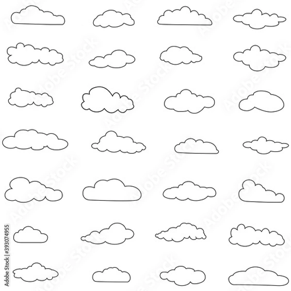 Fototapeta Outline cloud icons set isolated on white background. Collection of different black clouds. Cartoon contour icons for web site, background template, wallpaper and sky design. Clouds thin line vector