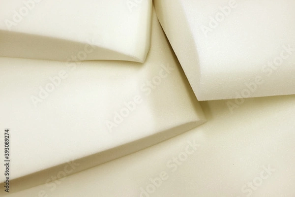 Obraz Foam rubber.Molded pieces of foam. Production of upholstered furniture, details. Close-up photos, selective focus.