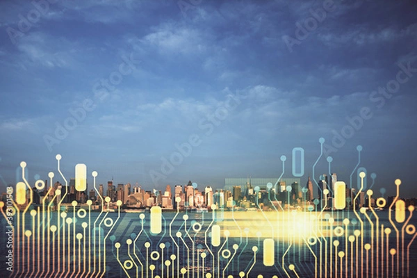 Fototapeta Data theme hologram drawing on city view with skyscrapers background multi exposure. Bigdata concept.