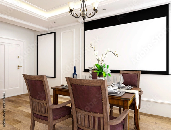Fototapeta spacious dining room design next to the modern kitchen, with a beautiful dining table and greenery