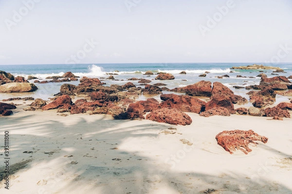 Fototapeta Stones on a tropical sandy beach with palm tree shade in ocean bay