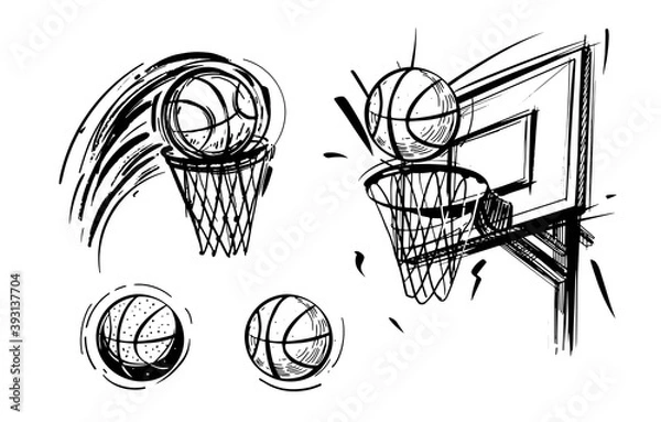 Fototapeta Set of basketball sketch. Basketball emblem, ball, basket, sketch vector illustration