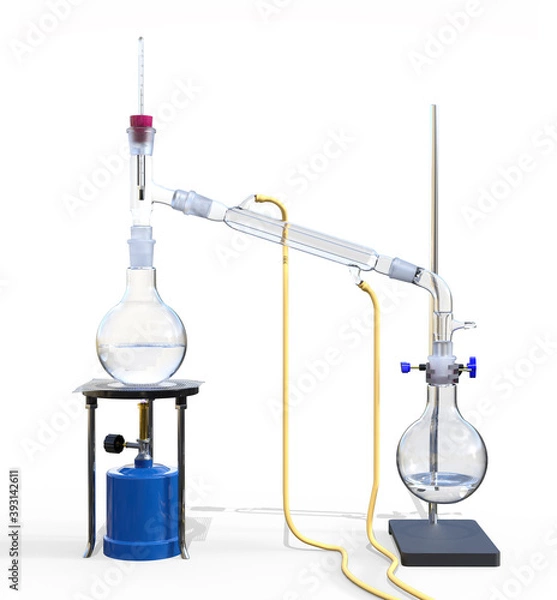 Fototapeta 3D rendering of a distillation process, isolated on white background