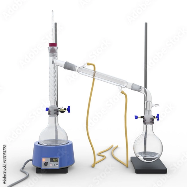 Fototapeta 3d rendering of a fractional-distillation of a mixture using a fractionating column and a Liebig condenser.