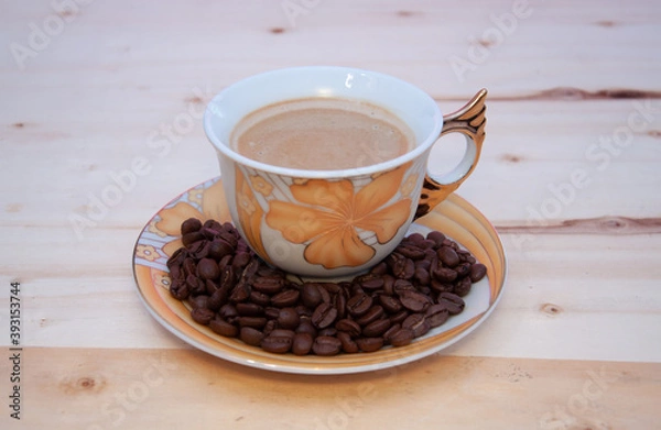 Obraz Dark roast coffee beans background, top view