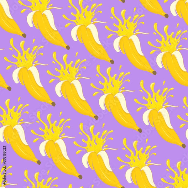 Fototapeta Seamless pattern with hand drawing flying bananas. Fresh juice splash. Isolated on violet.