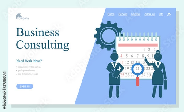 Obraz Concept of business consulting web site, landing page with text. Menu bar and web icons. Business women with document, point at date in calendar, cogwheel icon. Project marketing, startup project