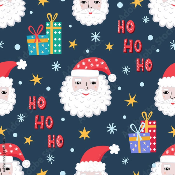 Fototapeta Seamless pattern with Santa Claus face, gifts, snowflakes. Cute cartoon characters. The portrait of Santa with beard and red hat. Isolated vector background for wallpaper, wrapping, textile, scrapbook