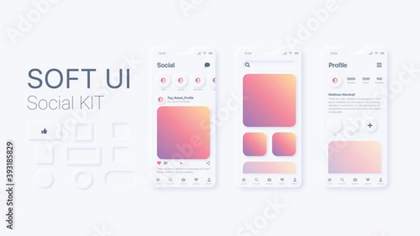 Fototapeta Soft UI Social Media design kit. Application design mockup. Smartphone app user interface.	