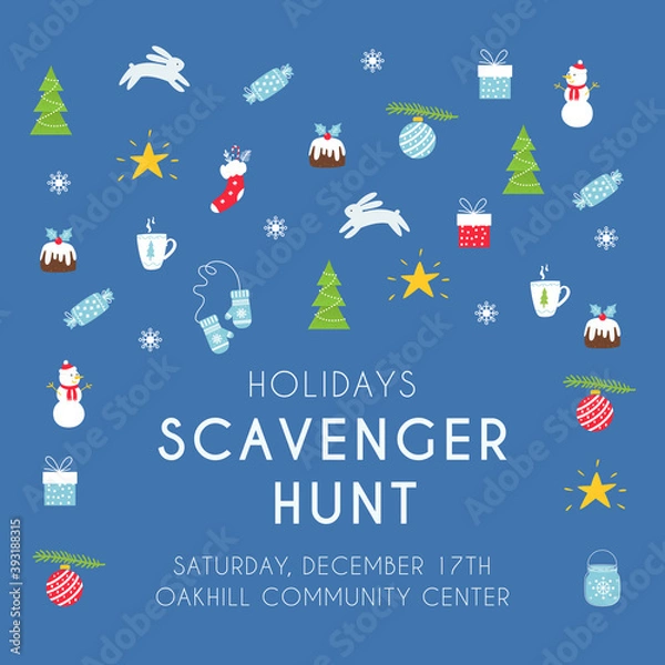 Obraz Winter Holidays and Christmas Scavenger Hunt Game Invitation Card or Poster. Vector Art