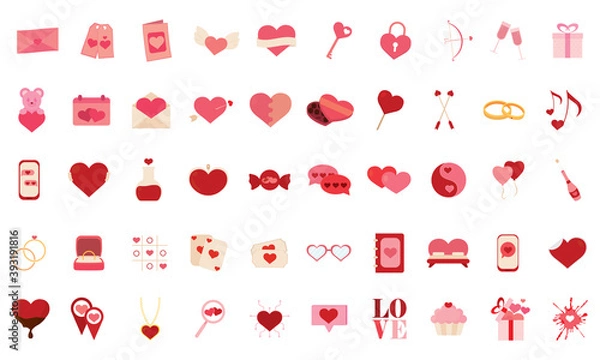 Obraz Isolated set group of romantic heart red love icons- Vector