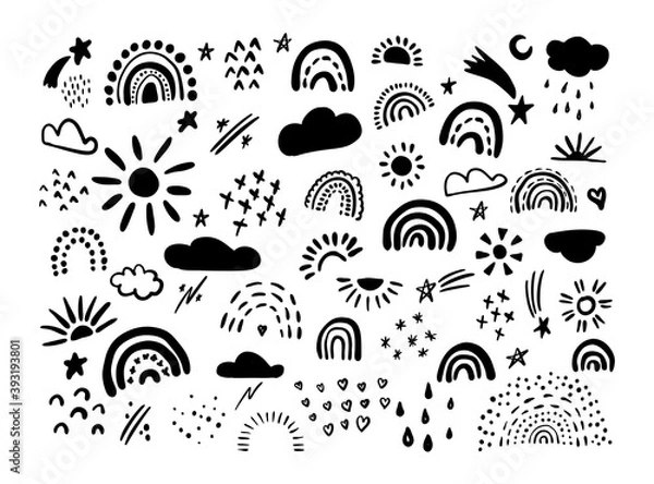 Fototapeta Vector set hand drawn rainbows and sun moon rain