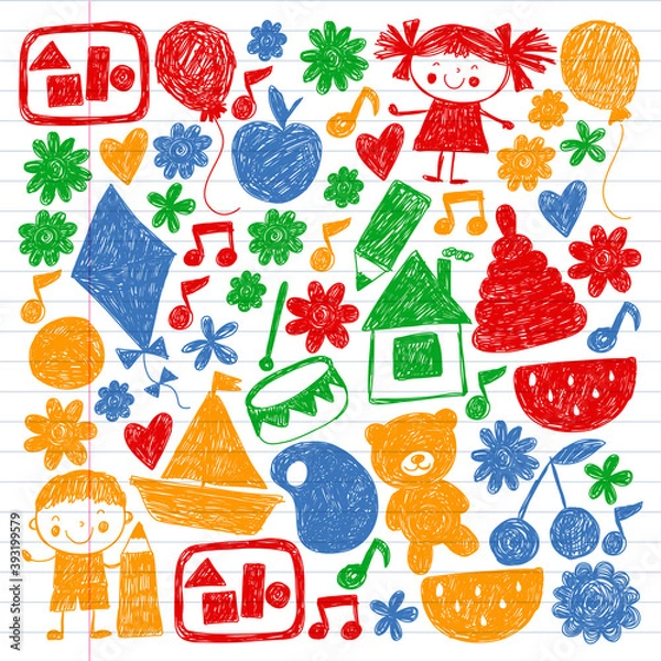 Fototapeta Kindgergarten vector pattern. Kids drawing style. Children play and grow, creativity and imagination. School student.