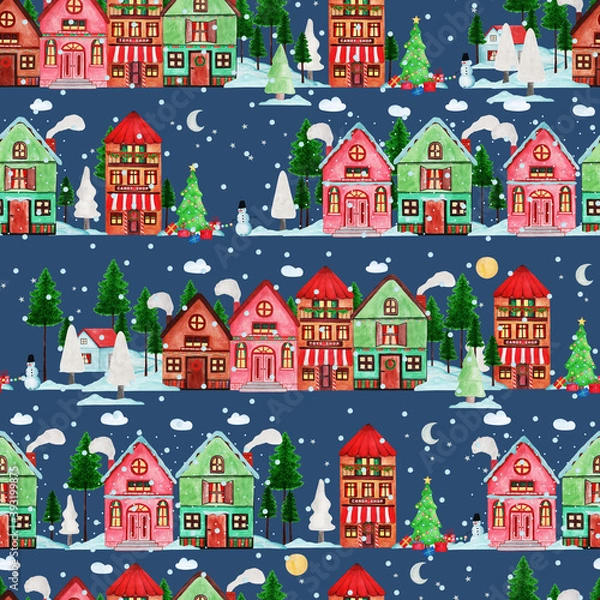 Obraz Hand drawn watercolor seamless pattern of cute green and white Christmas trees, snowflakes. Happy New Year and Christmas illustration for design card, invitation, wallpaper, wrapping paper, fabric