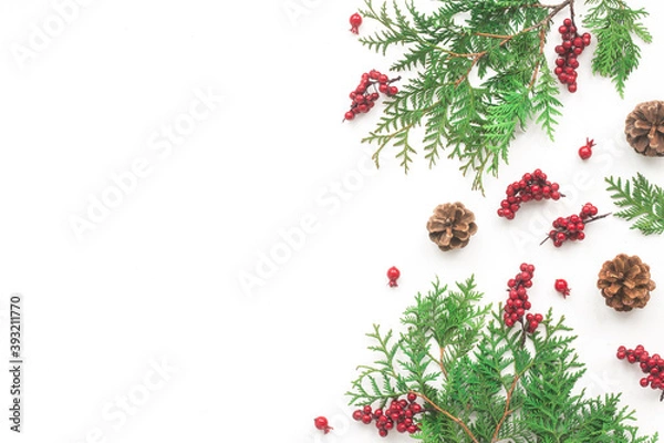 Obraz Christmas decoration on white background, flat lay, top view