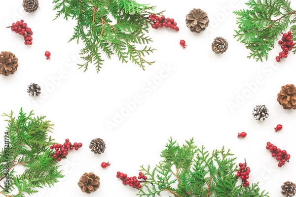 Obraz Christmas decoration on white background, flat lay, top view