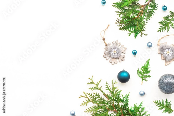 Obraz Christmas decoration on white background, flat lay, top view