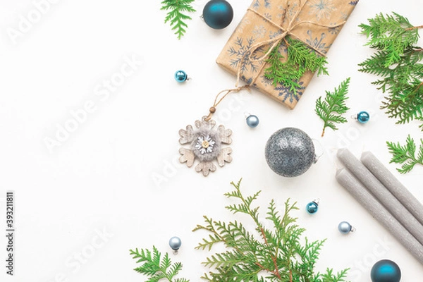 Obraz Blue and grey christmas decoration on white background, flat lay, top view