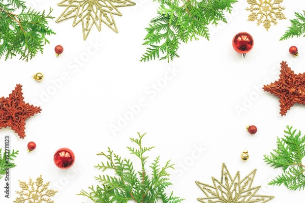 Obraz Christmas decoration on white background, flat lay, top view