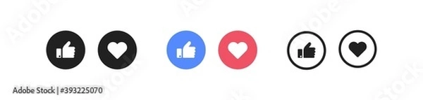 Fototapeta Like button icon. Heart abd hand up, social media symbol set. Love concept, finger up in vector flat