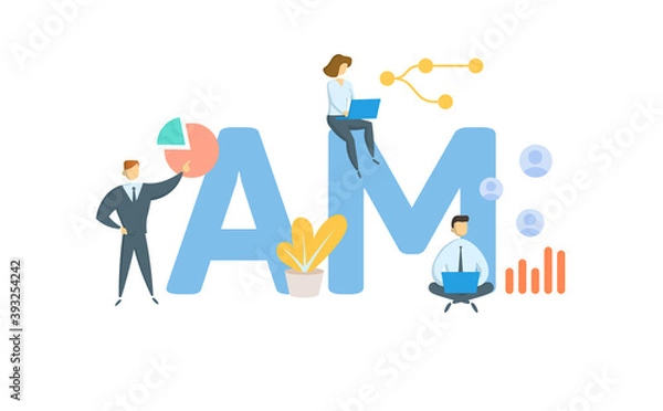 Fototapeta AM, Account Manager. Concept with keywords, people and icons. Flat vector illustration. Isolated on white background.