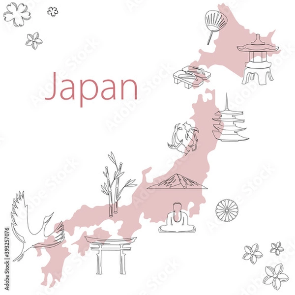 Fototapeta Japan vector map poster with traditional symbols and national signs, for travel and web design. Simple and nice illustration