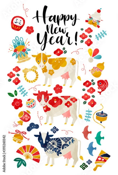 Fototapeta 年賀状 カラフルな牛/丑のイラストベクター素材
