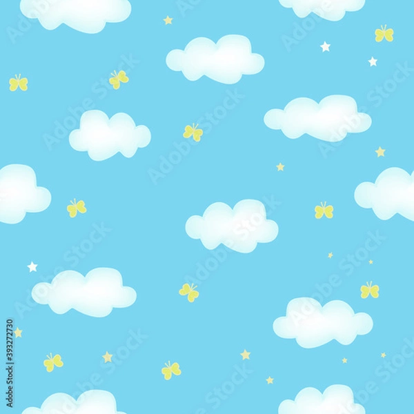 Fototapeta Seamless pattern with clouds and butterflies, blue background
