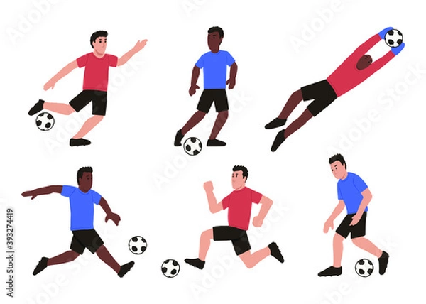 Obraz Cartoon male soccer players set. Isolated vector illustration. Active people playing football in different poses.