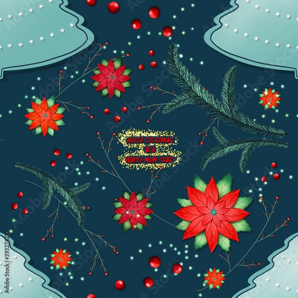 Fototapeta Christmas seamless pattern with fir trees, poinsettia flowers and berries on a blue background.