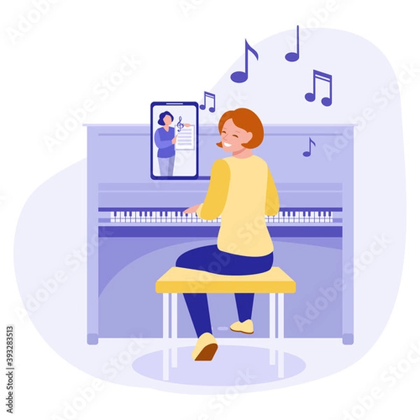 Fototapeta The concept of learning to play the piano online. Lessons on the tablet. Vector illustration.