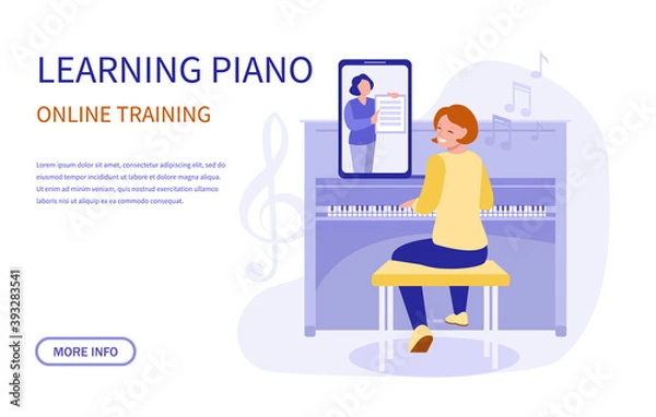 Fototapeta Online learning to play the piano. Banner. Vector flat illustration.