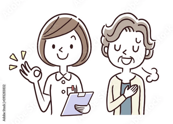 Fototapeta ベクターイラスト素材：看護師の女性と安心するシニア女性
