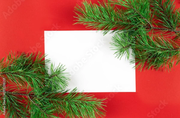 Fototapeta A frame of fir branches frames a white leaf on a red background. Christmas or New Year concept. Card. With space for text