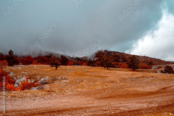 Obraz landscape with clouds and sun