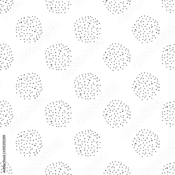 Fototapeta Chaotic Polka Dots Seamless Pattern. Vector painted background from small rounds. Abstract white and black pattern for fabric print, paper card, table cloth, fashion.
