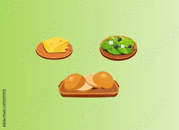 Fototapeta A plate of cheese, lettuce, and bread on green background