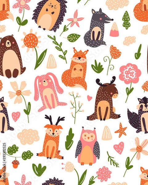 Obraz Vintage floral seamless pattern with forest animals: bear, fox, owl, rabbit. Vector background with butterflies, snail, trees and flowers.