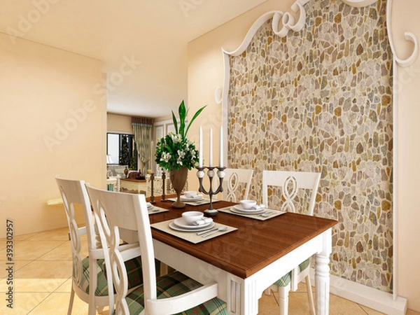 Fototapeta  spacious dining room design next to the modern kitchen, with a beautiful dining table and greenery