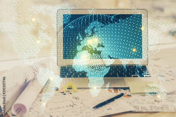 Fototapeta Multi exposure of business theme icons and work space with computer background. Concept of success.