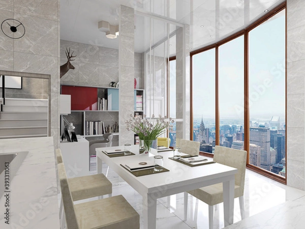 Fototapeta spacious dining room design next to the modern kitchen, with a beautiful dining table and greenery