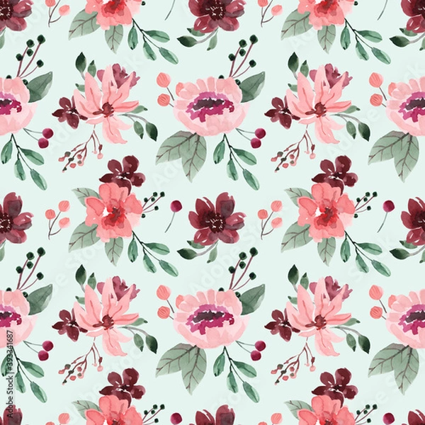 Obraz Seamless Watercolor Pattern with Pink Flower and Green Background
