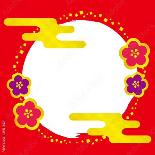 Fototapeta 梅の花と金箔の和風フレーム　枠　円形