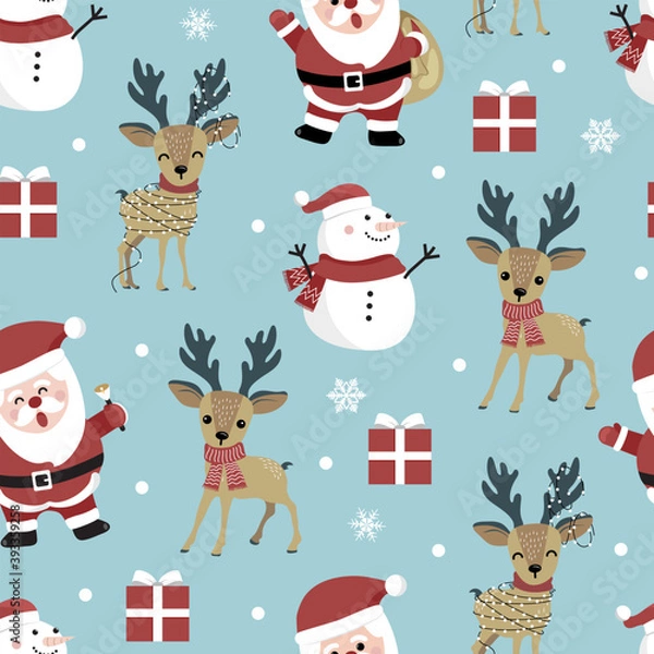 Fototapeta Christmas seamless pattern with santa and reindeer background, Winter pattern with snowflakes, wrapping paper, winter greetings, web page background, Christmas and New Year greeting cards