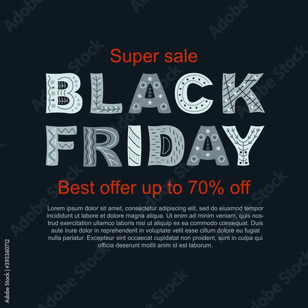 Fototapeta Vector illustration in flat style.  Black friday banner template with leaves. Illustration with hand drawn letters