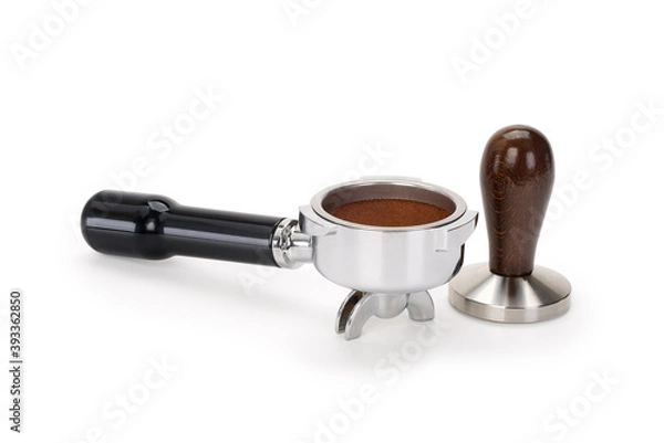 Fototapeta Espresso coffee machine piston and tamper isolated on white background. Contains clipping path.