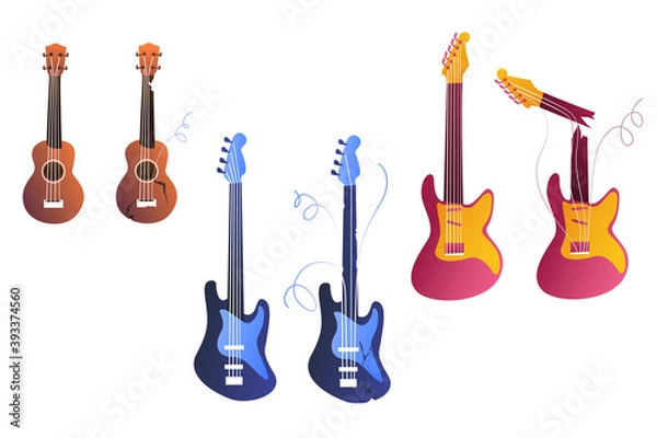 Fototapeta Set of illustrations of ukulele, electric guitar and bass on a white background. Broken musical instruments, broken strings. Repair and replacement of parts for stringed instruments.