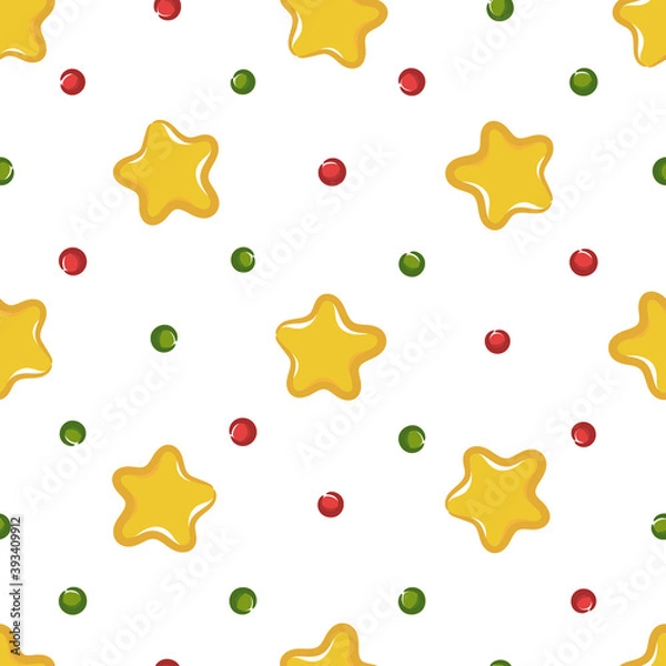 Fototapeta Vector seamless pattern with festive confetti stars and beads. Red, green, yellow colors on white background. Good for wrapping paper, celebration cards, textile, etc.