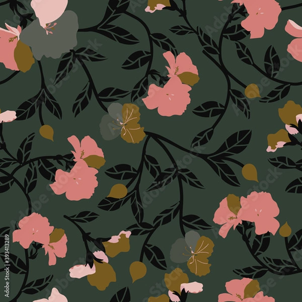Fototapeta Vector seamless pattern with flowers in a green background.